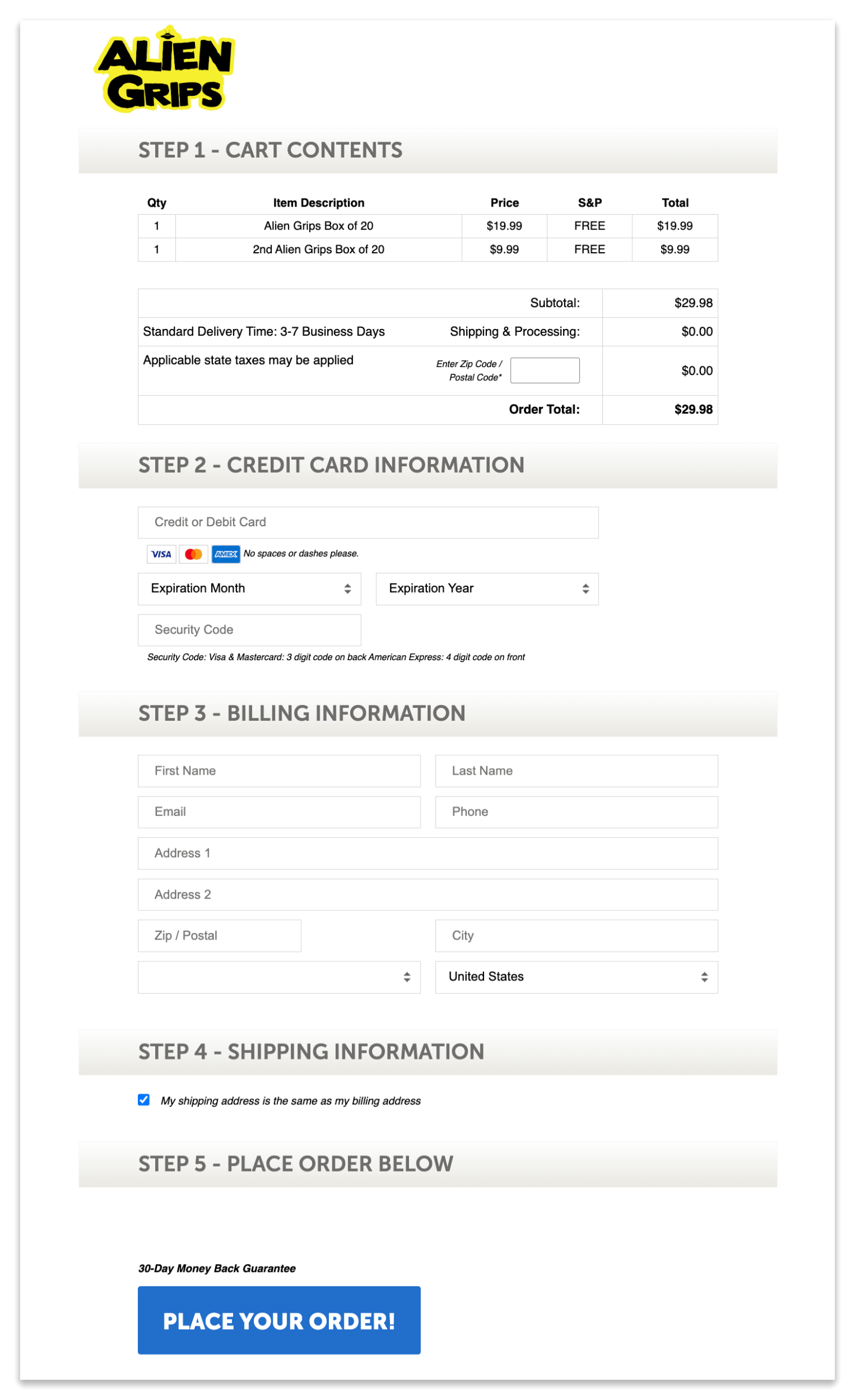 Alien Grips checkout page.